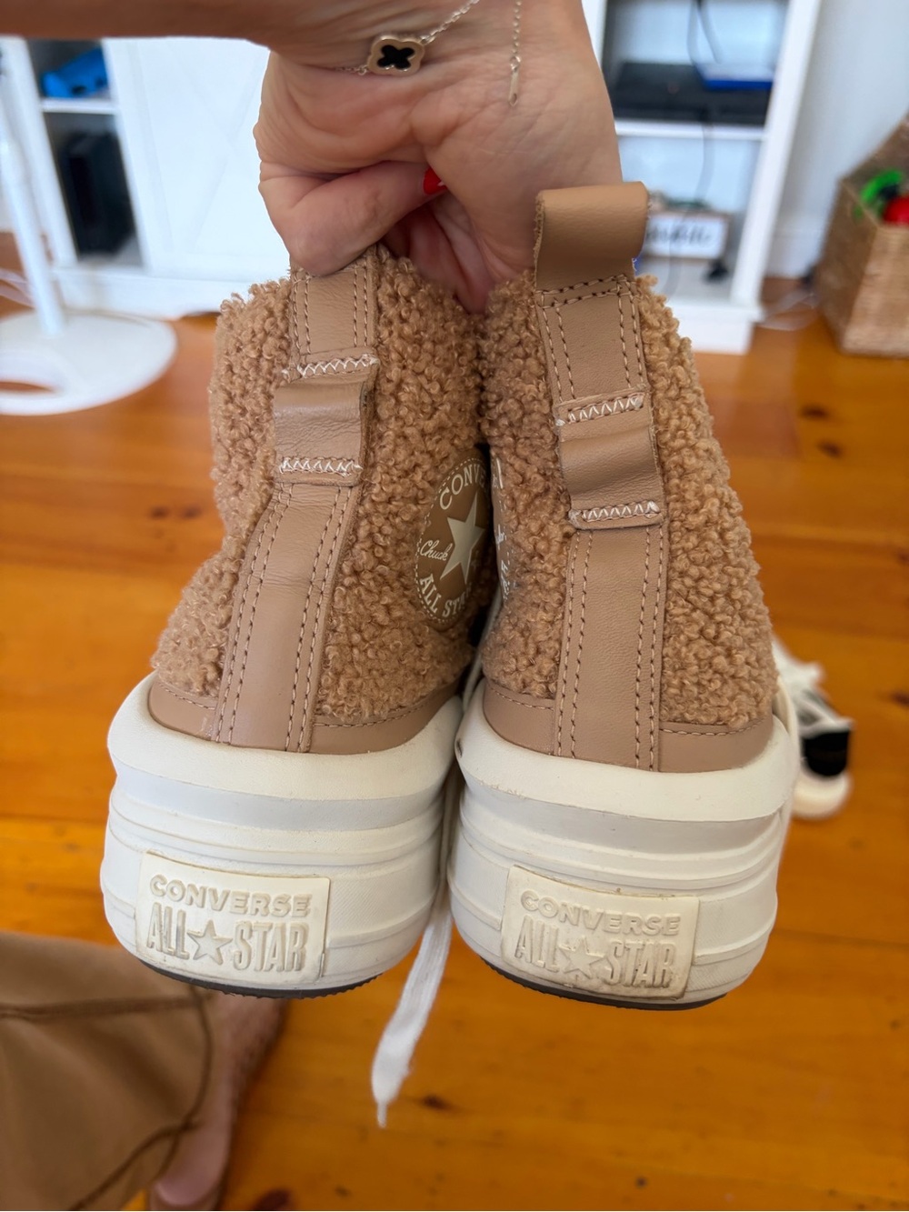 Converse womens Tan Sherpa High-Top Sneakers with White Accents - Picture 3 of 4
